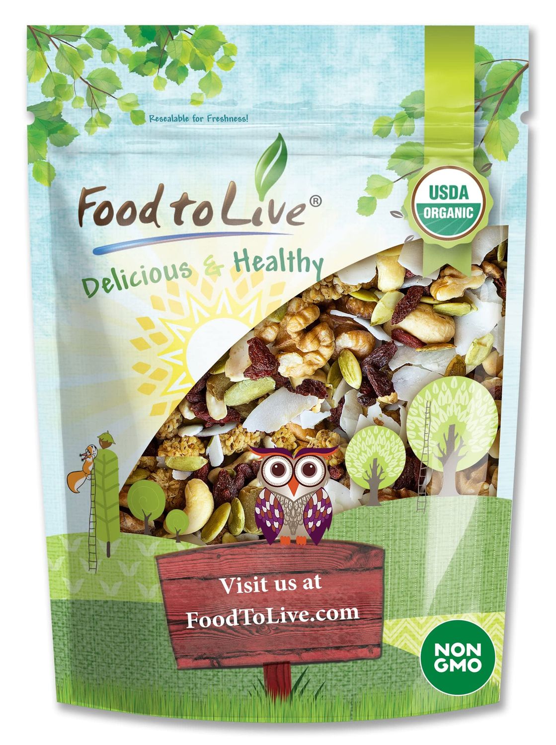 Food to Live Organic Variety Trail Mix, 4 Ounces - Raw &amp; Non-GMO Snack Mix Contains Goji Berries, Coconut Chips, Mulberries, Cashews, Walnuts, Pumpkin Seeds. Vegan Superfood, Kosher, No Added Sugar