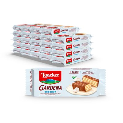 Loacker Gardena Coconut - Premium Milk Chocolate Covered Crispy Wafer Snack Bars with Coconut Cream Filling - Pack of 25 individually wrapped snacks