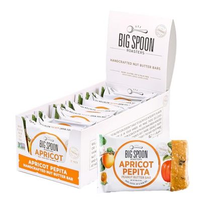 Big Spoon Roasters Nut Butter Bars Low Carb, High Protein Bars with Non GMO Pea Protein Energy Bars with Peanut &amp; Pepita Nut Butters Gluten Free, Soy Free Protein Bars 12 Count 1 Case Apricot Pepita