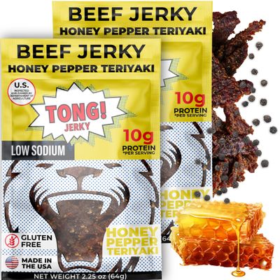 Tong Jerky Beef Jerky (Honey) - Extra Tender Beef Jerky Snack - Beef Jerky Snack Packs - Carne Seca - Camping, Hiking Snacks, Keto Friendly, Gluten-Free Beef Jerkey - 2 x 2.25oz - Made in USA