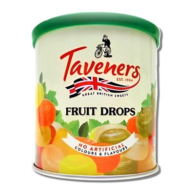 Taveners Fruit Drops - Mixed Fruit Hard Candy in Handy Cup Holder Tub - Premium British Candy - Old Fashioned Candy for Refreshment or Travelling - No Artificial Flavors &amp; Colors Added (7.1 oz)