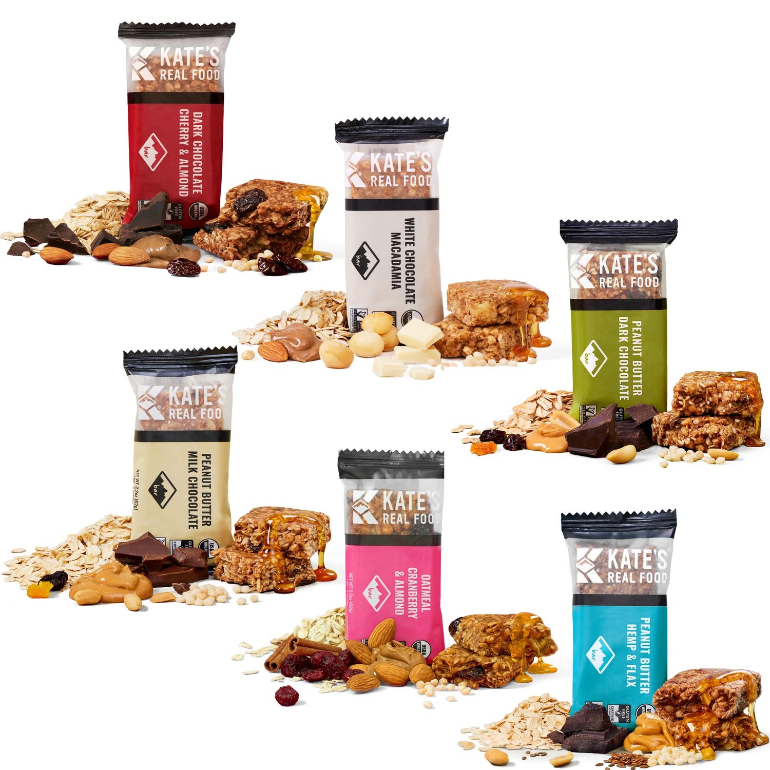 Kates Real Food Organic Granola Bars - Snack &amp; Share Variety Pack (2.2 oz, Pack of 12) - Organic Energy Bars Made with Gluten Free Oats - Non GMO, Soy Free, Whole Grains, and All Natural