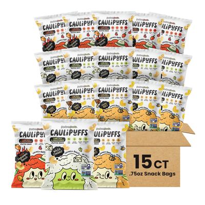CauliPuffs Classic Variety Pack (Non-Vegan Box of 15, 0.75oz bags) - 5 bags each Honey BBQ, White Cheddar, Habanero Ranch