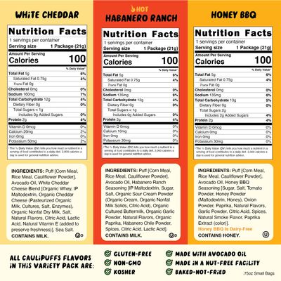 CauliPuffs Classic Variety Pack (Non-Vegan Box of 15, 0.75oz bags) - 5 bags each Honey BBQ, White Cheddar, Habanero Ranch
