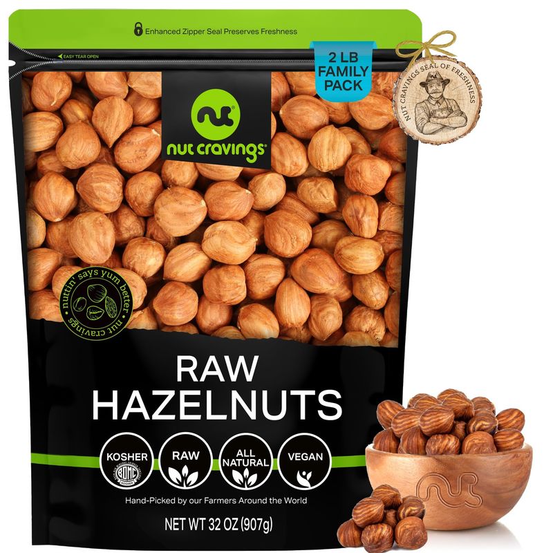 NUT CRAVINGS - Raw Hazelnuts Filberts with Skin - Unsalted, Shelled, (32oz - 2 LB) Bulk Nuts Packed Fresh in Resealable Bag - Kosher Healthy Snack, Natural Keto Vegan - Ideal for Trail Mixed Nuts