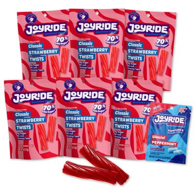 JOYRIDE Classic Strawberry Twists - 4oz 6-Pack Bundle with 2.5oz Glacial Peppermint Gum, Low Sugar Strawberry Flavor, Low Calorie Snacks, Dye Free and Plant Based Candy (7 Items)