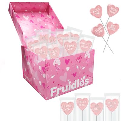 Fruidles Valentine&#39;s Day Heart Lollipop Candy Sucker Assortment, Dextrose Pressed Candy, Kiss me, Be Mine, I Love You and Sweet Heart, Individually Wrapped (12-Pack)