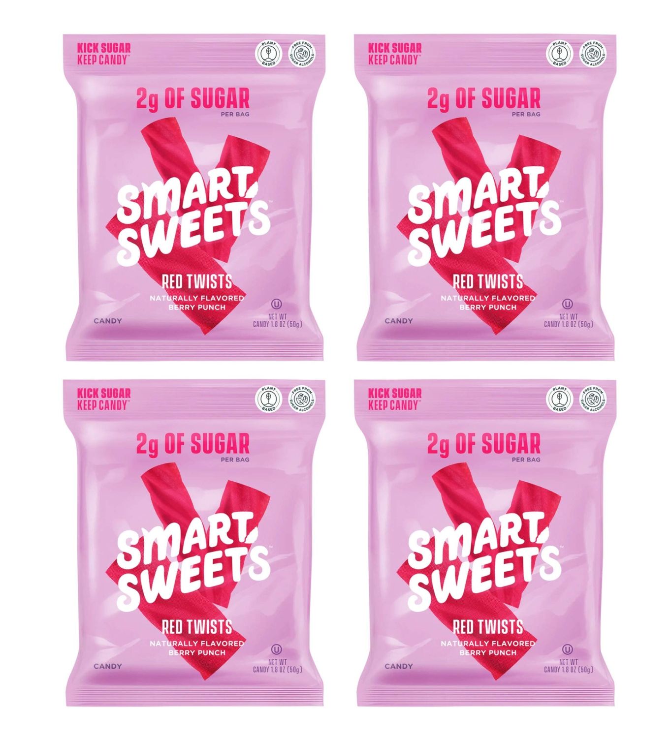 SMART SWEETS RED TWISTS 4 PACK HEALTHIER VERSION OF TWIZLERS 92% less sugar 12 grams of fiber Plant Based Vegan Keto Friendly ONLY 110 calories and 2 g Sugar