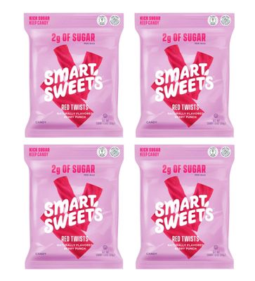 SMART SWEETS RED TWISTS 4 PACK HEALTHIER VERSION OF TWIZLERS 92% less sugar 12 grams of fiber Plant Based Vegan Keto Friendly ONLY 110 calories and 2 g Sugar