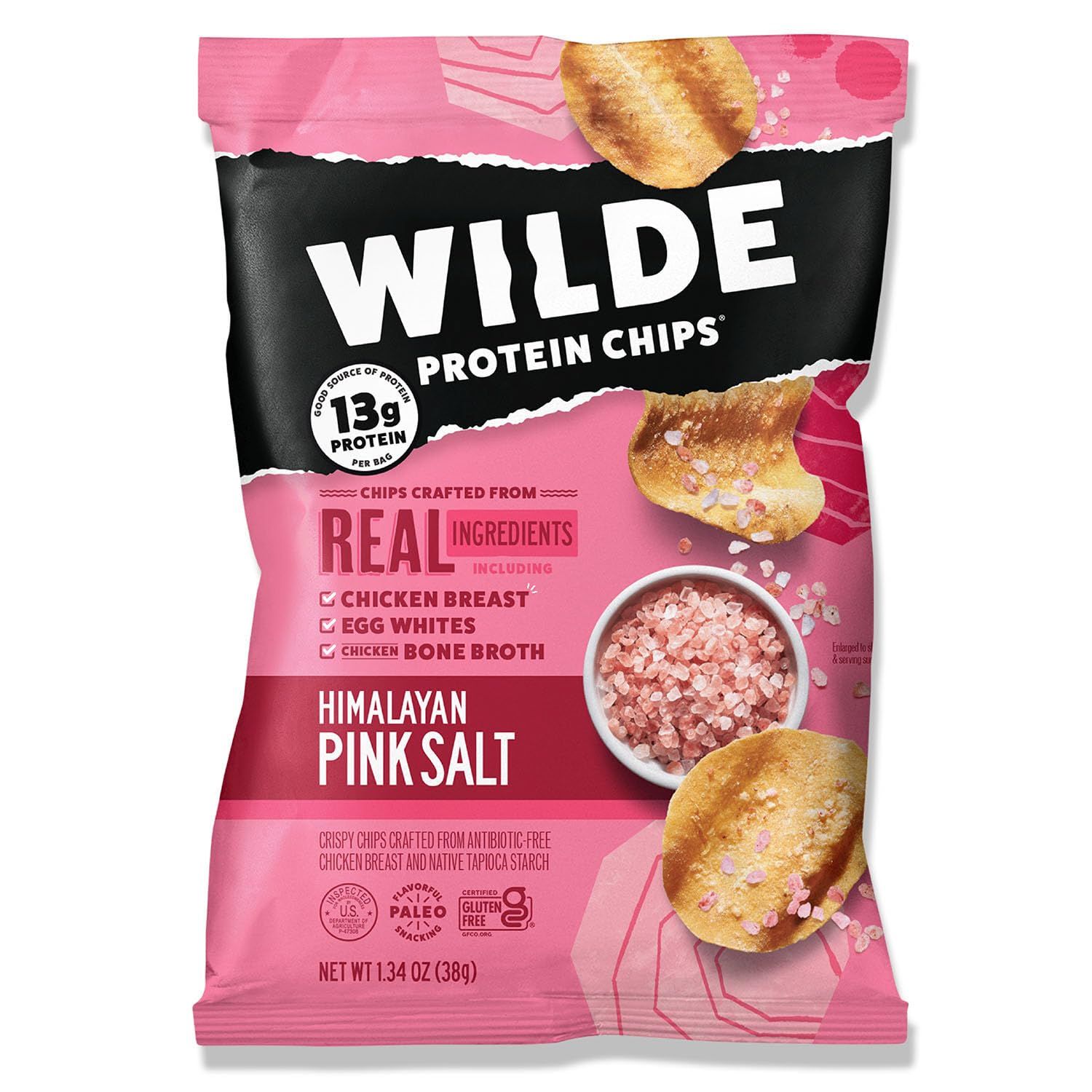Wilde Protein Chips, Himalayan Pink Salt (1.34 Ounce Bags, Pack of 8 Bags) Crafted From Real Ingredients: Chicken Breast, Egg Whites, Chicken Bone Broth, Sugar Free, High Protein, Keto Friendly,