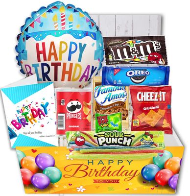 Birthday Gift Basket Candy variety pack with a Happy Birthday Balloon Care Package wsnacks and greeting card, for boy, girl, teenage, adults, best friend, Girlfriend, Boyfriend