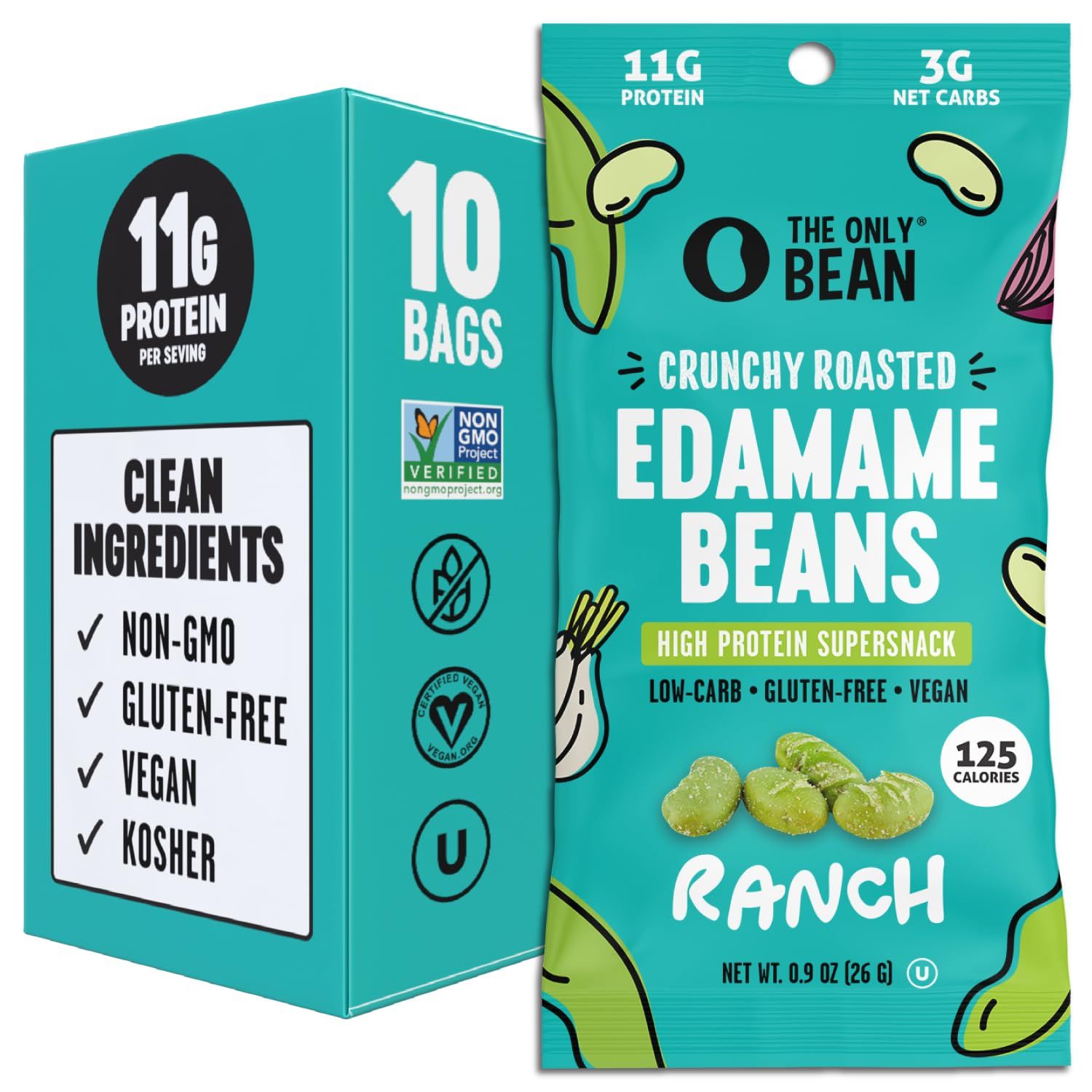 The Only Bean High Protein Snacks, Healthy Snacks for Adults and Kids, Vegan and Low Carb Snacks, Individual Gluten Free Keto Snacks - Bean Snacks (Ranch) - 0.9oz (Pack of 10)