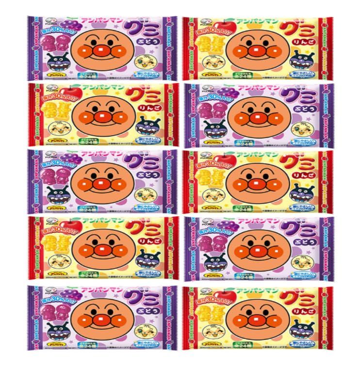 Konbini Japan - Anpanman Gummy Candy - Pack of 10, Japanese Sweets Gummies, Grape and Apple Dagashi Snacks, 8.8 Ounce