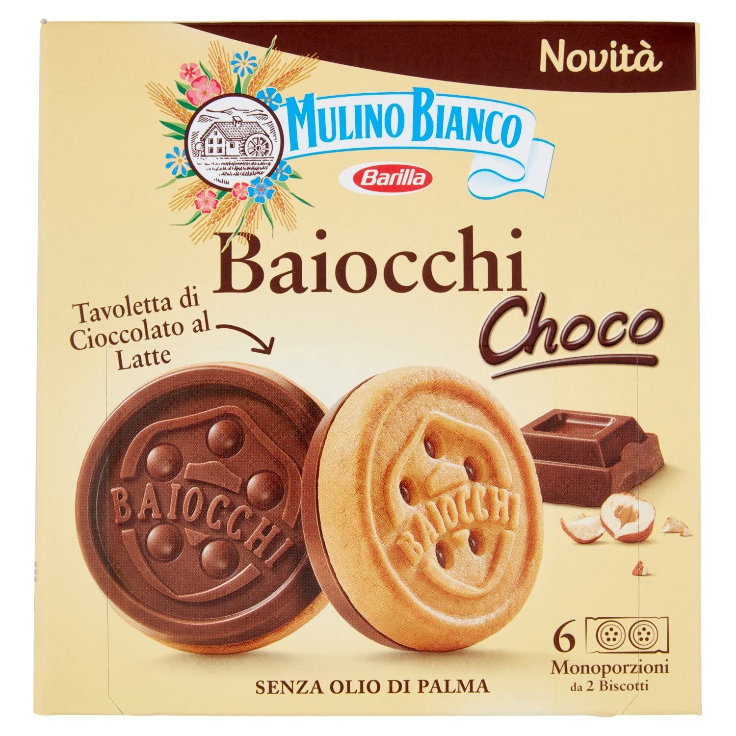 Mulino Bianco Biscotti Baiocchi Choco, Biscotto di Pastafrolla e Tavoletta di Cioccolato al Latte con Nocciole, Ottimi come Snack, 144 gr