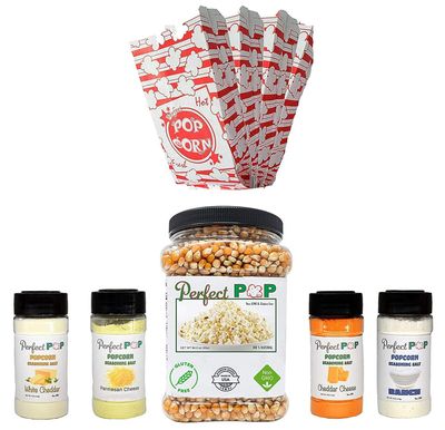 Perfect Stix Xmas Popcorn kit. 2lbs of Yellow kernels. Includes Four seasonings and 25 Popcorn Bags. Non GMO