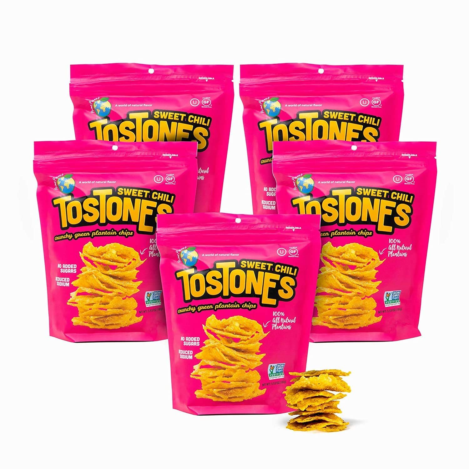 TOSTONES, Green Plantains, Re-Sealable Bag, Crunchy chips, Plantains, Flower Oil and Salt, 3.53 Oz per Unit, SWEET CHILI Flavored, 5 Pack,