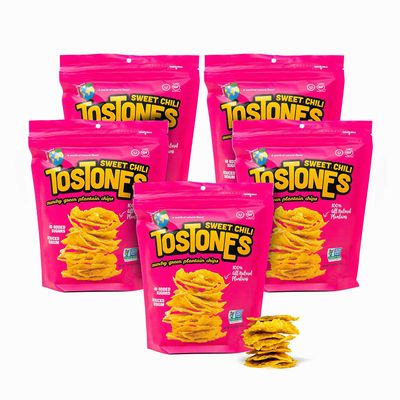 TOSTONES, Green Plantains, Re-Sealable Bag, Crunchy chips, Plantains, Flower Oil and Salt, 3.53 Oz per Unit, SWEET CHILI Flavored, 5 Pack,