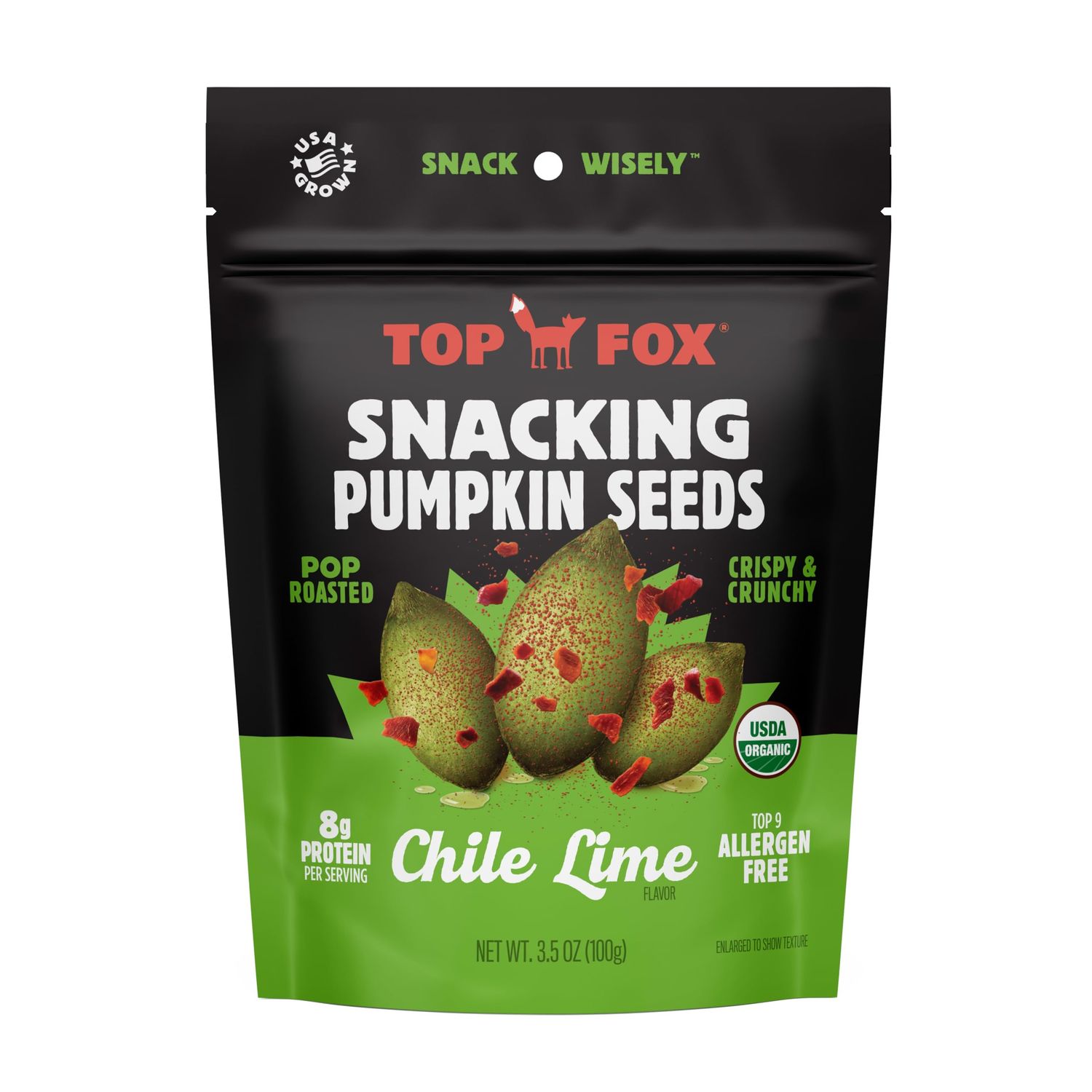 Top Fox Snacks - Organic Pop-Roasted Pumpkin Seeds | Healthy Protein Snacks - Gluten Free - Keto and Vegan Friendly (Chile Lime, 3.5 oz - 2 Pack)