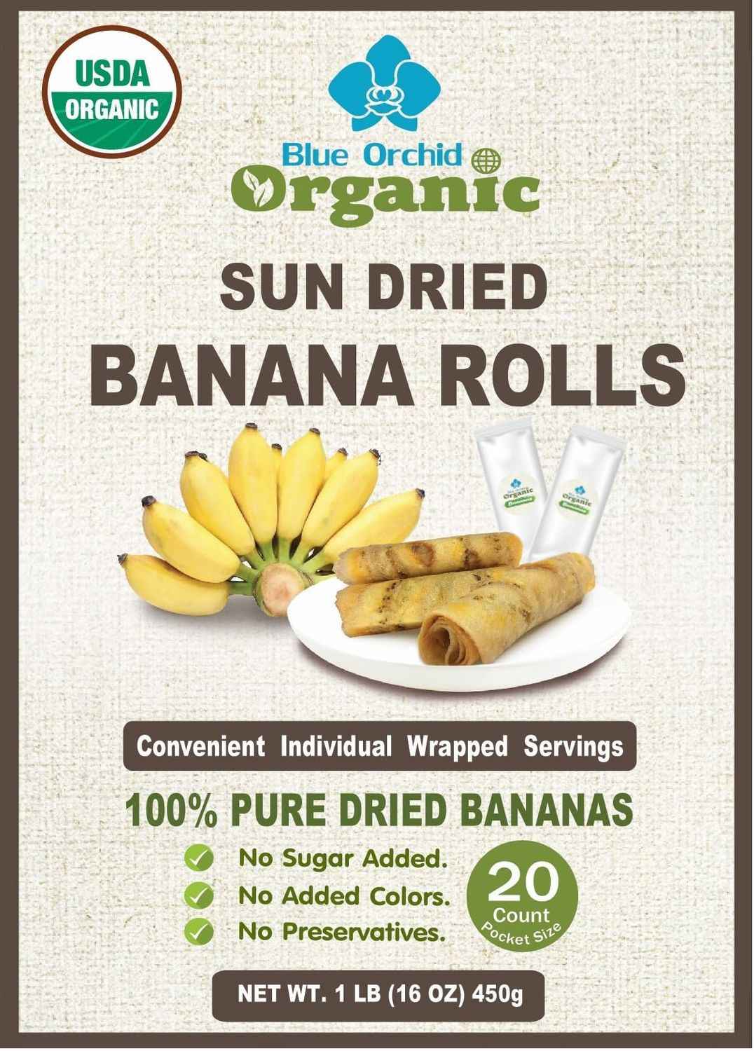 Organic Sun Dried Banana Snacks - Natural Fruit Leather No Sugar Added - No Preservatives - Unsulfured - Soft and Chewy - 20 Count - 1 LB