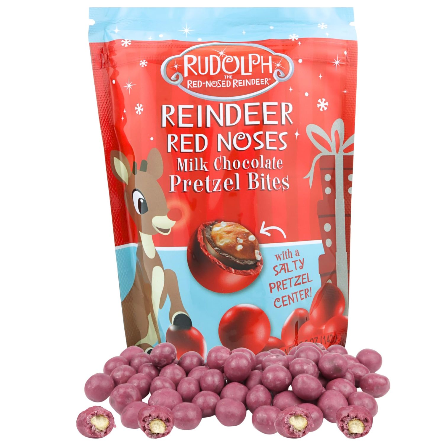 Rudolph the Red Nosed Reindeer Milk Chocolate Pretzel Bites, Sweet and Salty Snacks, Christmas 2024 Stocking Stuffers, 5 Ounces