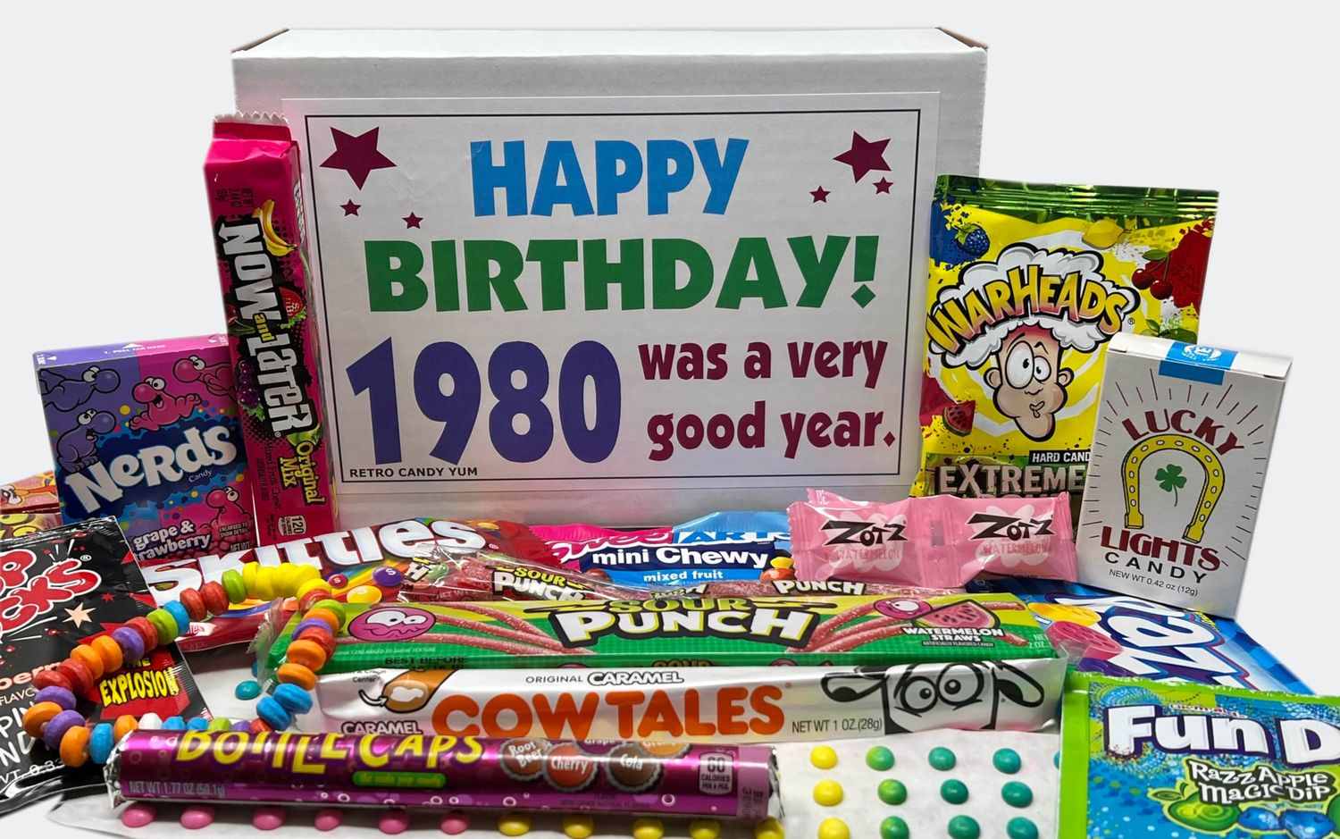 RETRO CANDY YUM  1980 45th Birthday Ideas  Retro Decade 80s Candy Gag Gift Basket Box Assortment From Childhood  Milestone Birthday Gifts for Turning 45 Years Old Man or Woman Jr.
