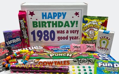 RETRO CANDY YUM  1980 45th Birthday Ideas  Retro Decade 80s Candy Gag Gift Basket Box Assortment From Childhood  Milestone Birthday Gifts for Turning 45 Years Old Man or Woman Jr.