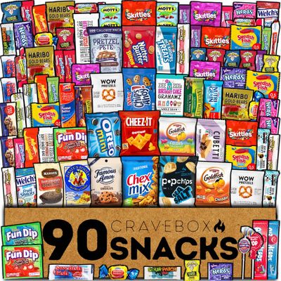 CRAVEBOX Variety Snack Pack Box Care Package (90ct) Valentines Day Treats Gift Bundle Candy Cookies Bars Crackers Chips Men Women Boys Girls Students Kids Adults Back to School