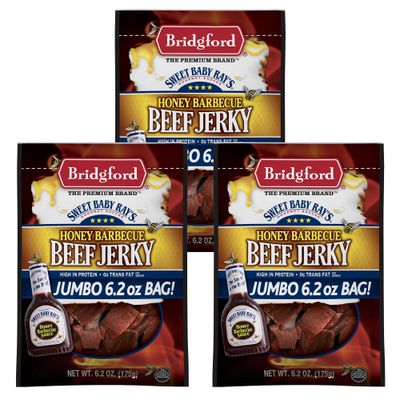 Bridgford Sweet Baby Rays Beef Jerky Honey BBQ 6.2 oz Pack of 3 - High Protein Jerky for Midday Energy Boost or Post Workout Snack - Naturally Smoked Ready to Eat Meat Snacks for On the Go Snacking