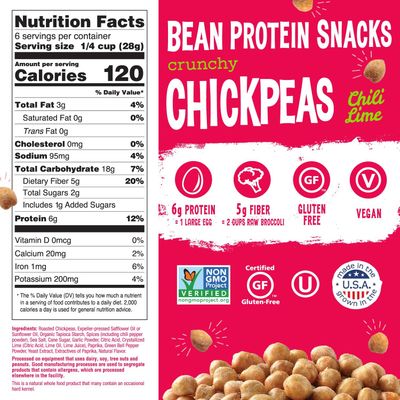 The Good Bean Crunchy Chickpeas - Chili Lime - Resealable Bag - Roasted Chickpea Beans - Vegan Snack with Good Source of Plant Protein and Fiber, 6 Oz (Pack of 6)