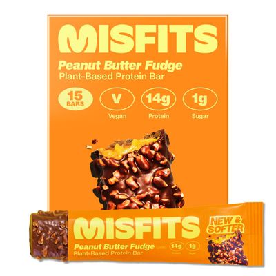 Misfits Vegan Protein Bars, Peanut Butter Fudge - Updated Recipe | Plant Based, Low Sugar &amp; Carb, High Fiber Snacks | Pack of 15