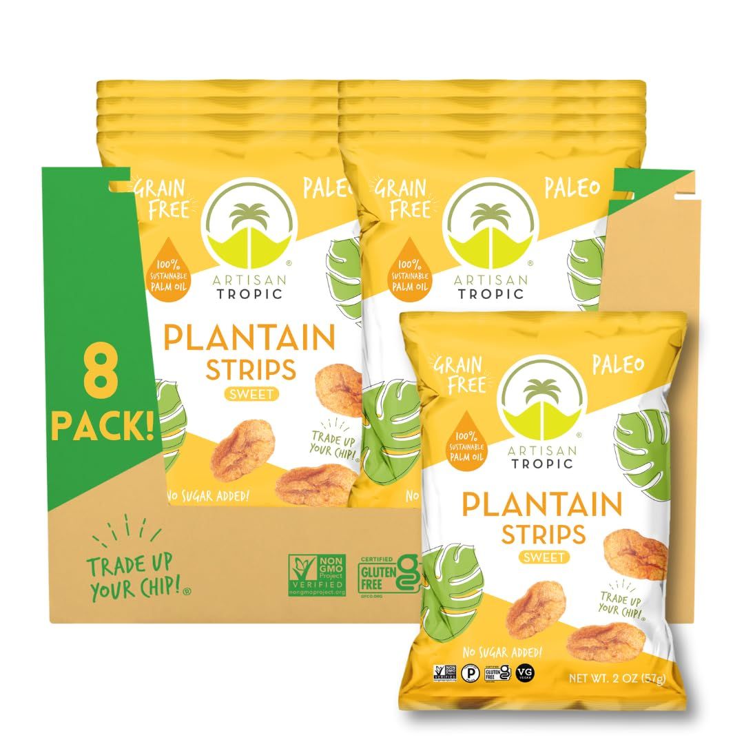 ARTISAN TROPIC Plantain Strips Naturally Sweet - 8 Pack, 2oz - Vegan, Paleo, Gluten Free Chips - Individual Bags Healthy Snacks for School, Gym, Kids - Whole 30 Approved Foods Baked Banana Chips