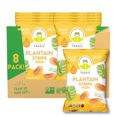 ARTISAN TROPIC Plantain Strips Naturally Sweet - 8 Pack, 2oz - Vegan, Paleo, Gluten Free Chips - Individual Bags Healthy Snacks for School, Gym, Kids - Whole 30 Approved Foods Baked Banana Chips