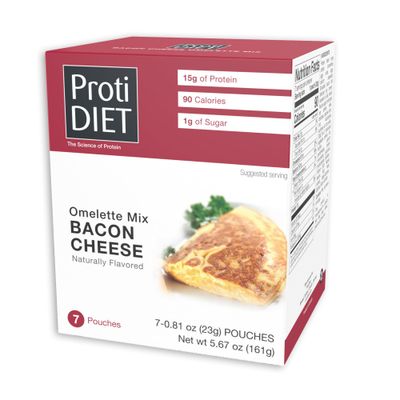ProtiDiet Bacon Cheese Omelette Mix - Low-Sugar, No Trans Fat, High Protein Snack for 7 Adults - Nutritious Meal Replacement - Quick and Easy to Prepare - 7 Pouches Per Box