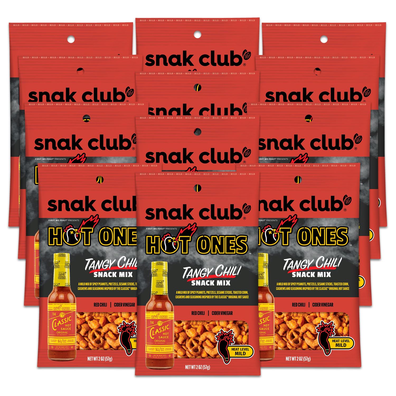 Snak Club x Hot Ones Tangy Chili Snack Mix, Mild Spicy Snacks with Peanuts, Pretzels, Sesame Sticks, Toasted Corn &amp; Cashews, Inspired by Hot Ones Hot Sauce, 2 oz Bag (12 Count)