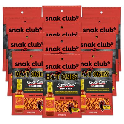 Snak Club x Hot Ones Tangy Chili Snack Mix, Mild Spicy Snacks with Peanuts, Pretzels, Sesame Sticks, Toasted Corn &amp; Cashews, Inspired by Hot Ones Hot Sauce, 2 oz Bag (12 Count)