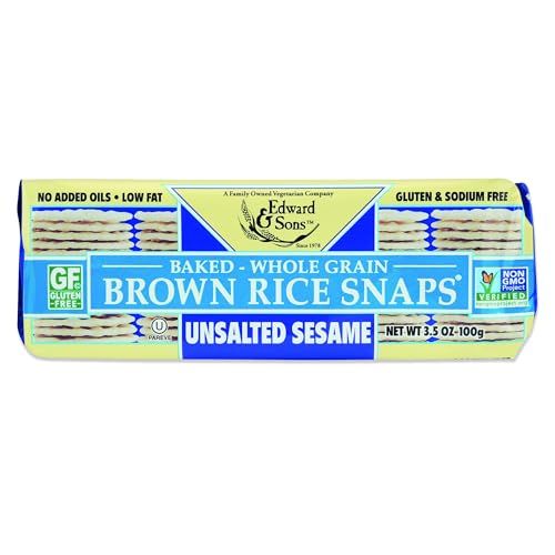 Edward &amp; Son&#39;s Unsalted Sesame Brown Rice Snaps - Rice Crackers Gluten Free, Whole Grain, Oven Baked, Low Fat, Non-GMO, USDA Organic - 3.5 Oz, 12 Pack