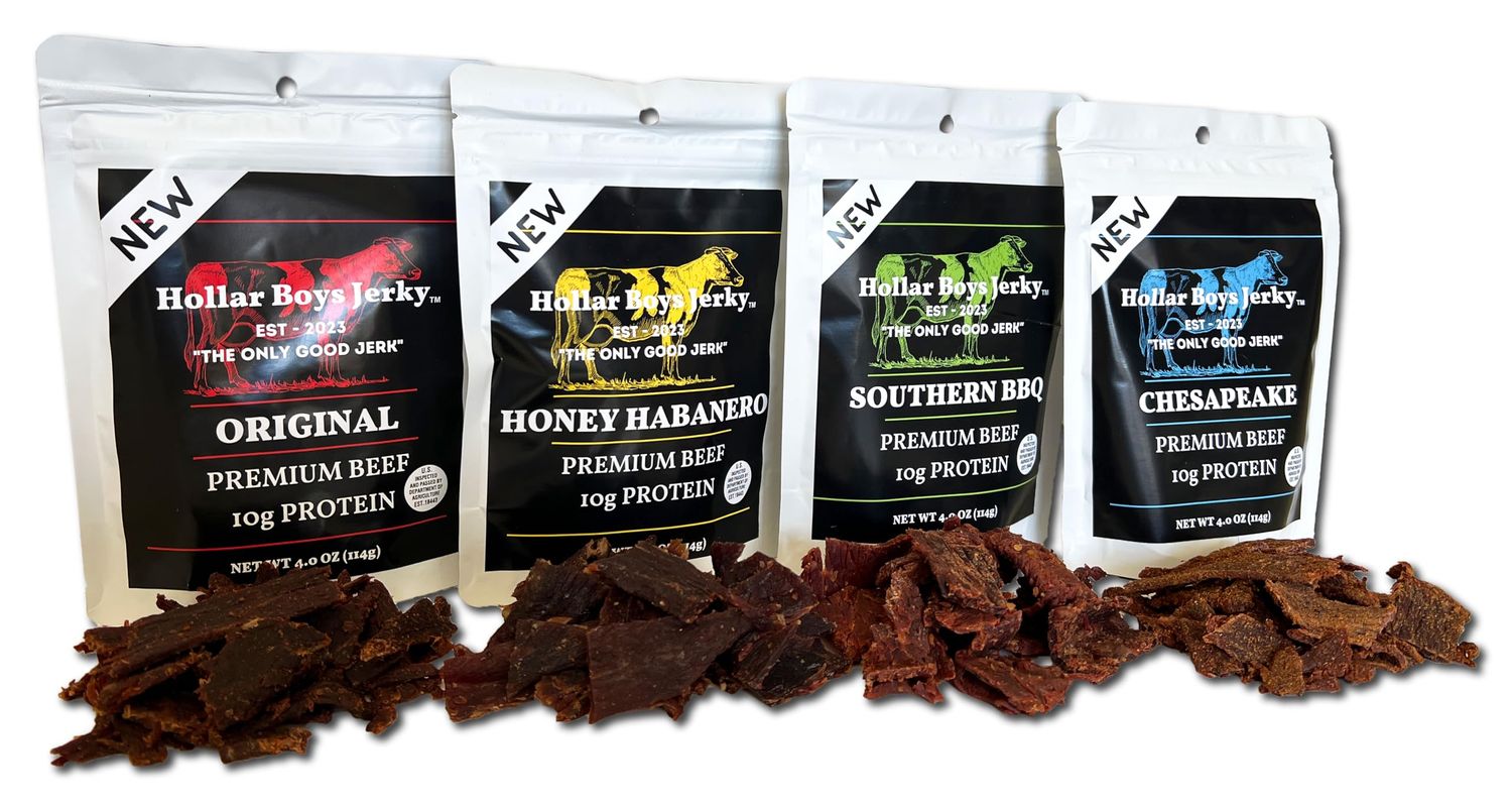 Hollar Boys Snacks Beef Jerky Variety Pack Sampler, Original, Honey Habanero, Southern BBQ &amp; Chesapeake Flavors 4-Pack of 4oz Bags - 1 Pound Total