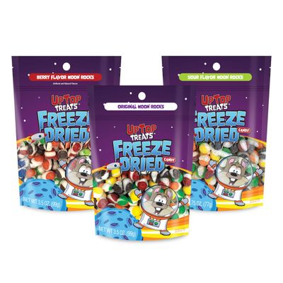 UpTop Treats Freeze Dried Candy, Assorted Moon Rocks, Crunchy Sour Candy for ASMR, Variety Pack, Original, Sour &amp; Berry Flavors, Snacks for Kids &amp; Adults, Made in the USA, 3 Pack, 9.75 oz Total