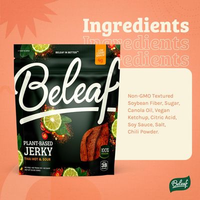 Beleaf Thai Hot &amp; Sour Plant-Based Jerky: High-Protein Snack - Healthy and Flavorful Vegan Jerky for On-the-Go Energy - Tasty Meatless, Vegetarian Meat Alternative (12 Pack)