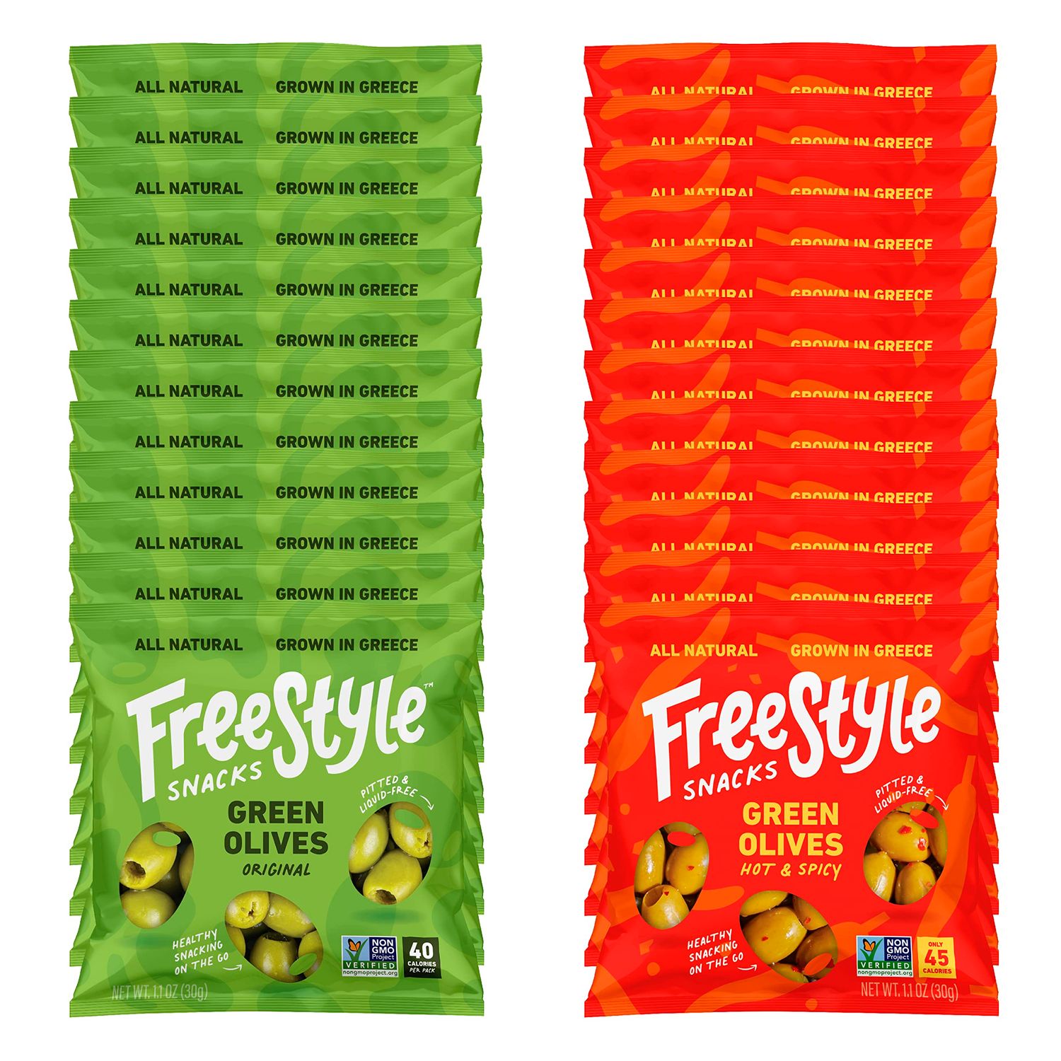 Freestyle Snacks Olive Snack Packs - Single Serve - Fresh Pitted Green Olives, Jumbo-Sized, Grown in Greece, All Natural, Non-GMO, Paleo, Sugar-Free, Keto, Salty Snack - Variety, 1.1oz (24 Pack)