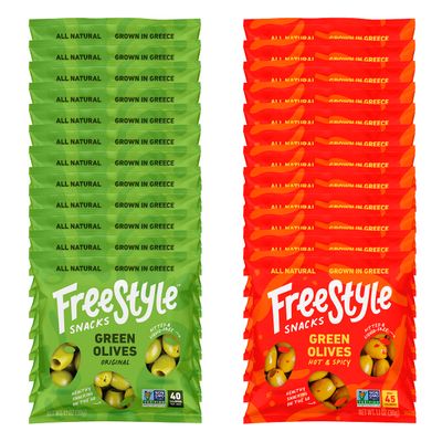 Freestyle Snacks Olive Snack Packs - Single Serve - Fresh Pitted Green Olives, Jumbo-Sized, Grown in Greece, All Natural, Non-GMO, Paleo, Sugar-Free, Keto, Salty Snack - Variety, 1.1oz (24 Pack)