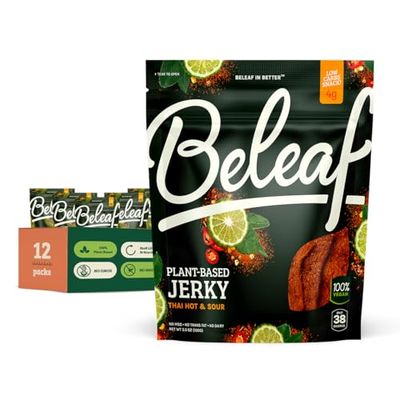 Beleaf Thai Hot &amp; Sour Plant-Based Jerky: High-Protein Snack - Healthy and Flavorful Vegan Jerky for On-the-Go Energy - Tasty Meatless, Vegetarian Meat Alternative (12 Pack)
