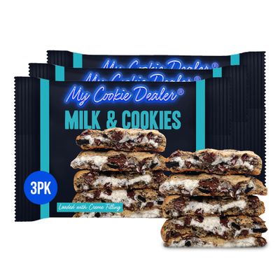 My Cookie Dealer Soft Baked Cookies, Milk &amp; Cookies (3-Pack, 4oz Cookie) - Oreo Batter with Chocolate Chips &amp; Chunks, filled with Vanilla Creme - Individually Wrapped Travel Snacks