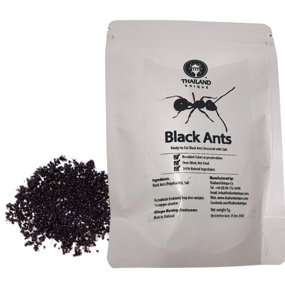 Thailand Unique Black Ants Salted - 5 Gram Bag of Dyhydrated Edible Insects for Humans, Healthy Superfood Bugs Wierd Unusual Snack Gift