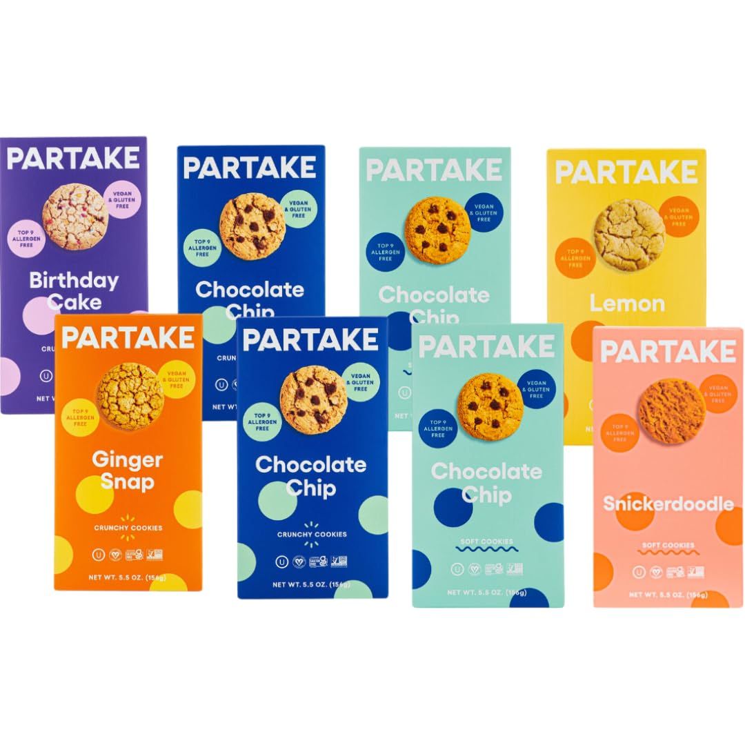 Gluten Free Soft Baked &amp; Crunchy Vegan Cookies by Partake - 8 Boxes | Vegan, Allergy Friendly | No Peanuts, Soy, Dairy, Tree Nuts | Safe School Snack for Kids | Contents May Vary