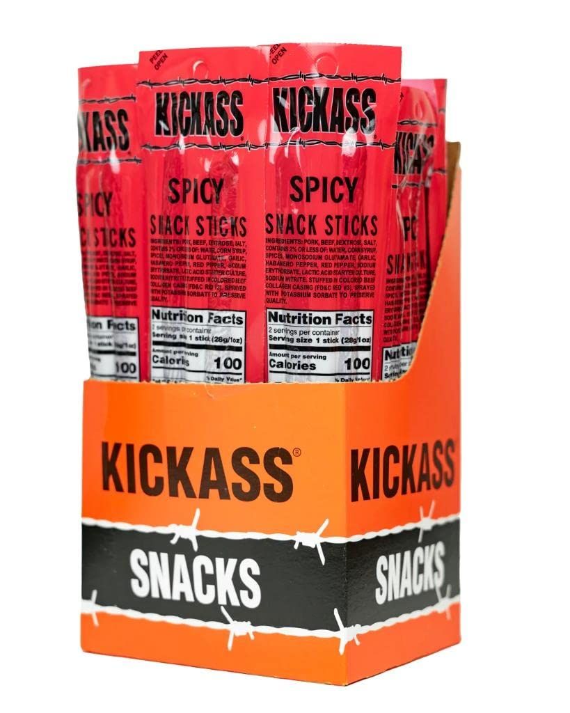 Kickass Spicy Meat Sticks 16ct Case - 2oz Twin Packs of Pork and Beef Jerky Snack Sticks - Beef Stick Meat Snacks - Jerky Sticks