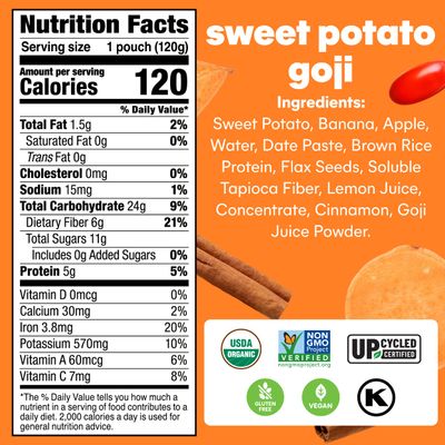 Noka Superfood Fruit Smoothie Pouches, Sweet Potato Goji, Healthy Snacks with Flax Seed, Plant Protein and Prebiotic Fiber, Vegan and Gluten Free Snacks, Organic Squeeze Pouch, 4.22 oz, 12 Count