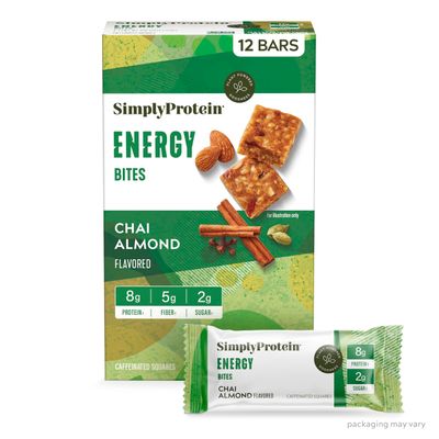 Simply Protein - Chai Almond Energy Bites, 12 Bars - Plant Based Caffeinated Squares - 55mg Caffeine - Natural Energy Boost - 8g Protein, 2g Sugar, 5g Fiber, 130 Calories - Vegan, Gluten Free, Non GMO
