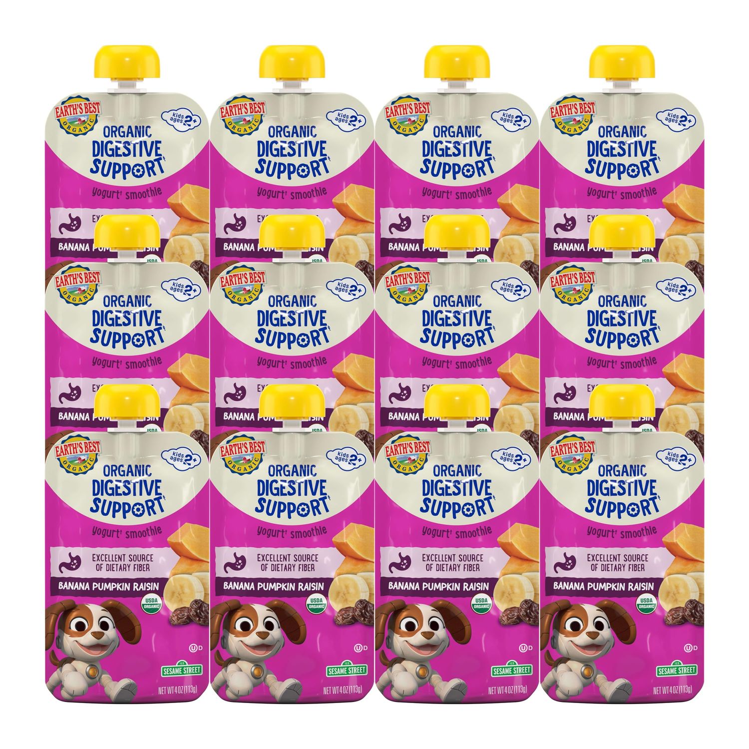 Earth&#39;s Best Organic Kids Snacks, Sesame Street Toddler Snacks, Digestive Support Fruit Smoothie for Toddlers 2 Years and Older, Banana Pumpkin Raisin, 4 oz (Pack of 12)