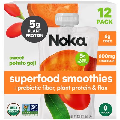 Noka Superfood Fruit Smoothie Pouches, Sweet Potato Goji, Healthy Snacks with Flax Seed, Plant Protein and Prebiotic Fiber, Vegan and Gluten Free Snacks, Organic Squeeze Pouch, 4.22 oz, 12 Count